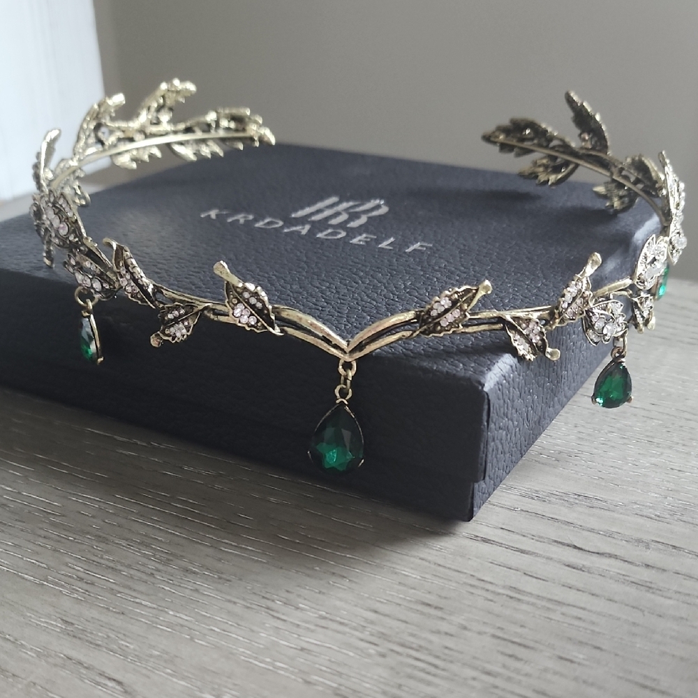 Gold Leaf Headband with Green Accents